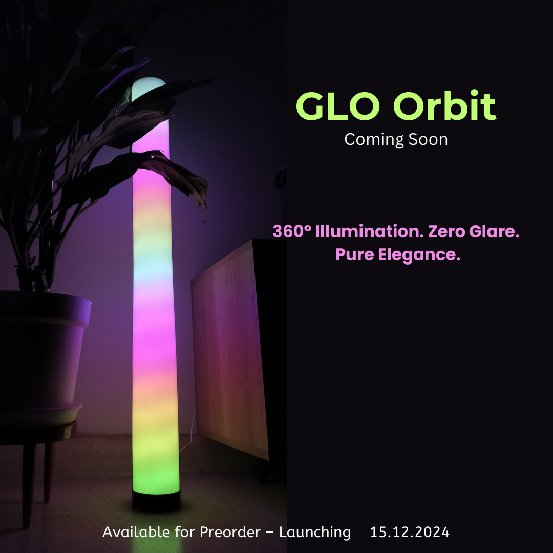 GLO Orbit LED light with a modern, sleek design and customizable color settings, ideal for creating ambient lighting effects in your home.